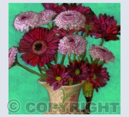 Pink Flowers in Parrot Jug