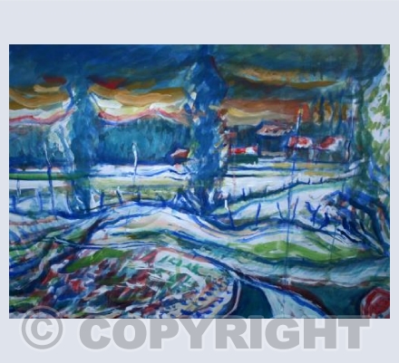 Snow and Trees in Winter Sunset, Somerset.