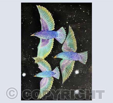 Three starlings on black