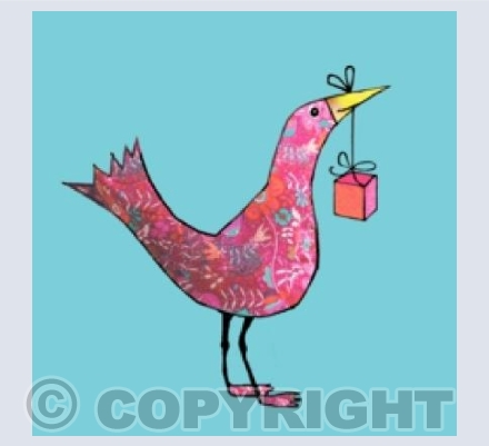 Pink birthday bird on blue 