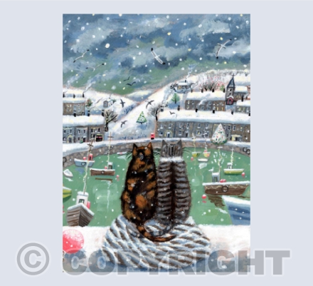Snowy harbour cats Christmas card