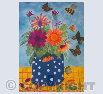 Pot of flowers and silk butterflies 