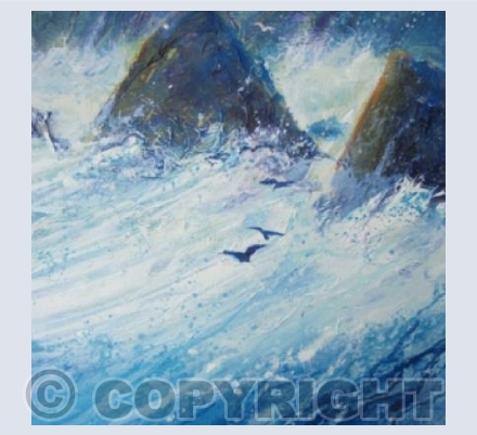 Rough Sea, Dark Rocks and Seagulls.