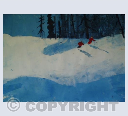 Two Skiers in Red in the New Snow
