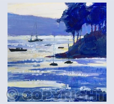 Evening Glitter on the Sea, Trees, Boats