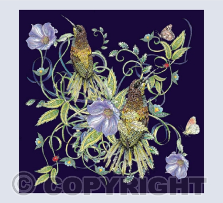 Botanical Birds and Flowers Dark Blue