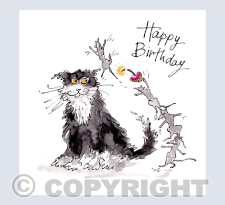 Cat and mice with cake - Happy birthday