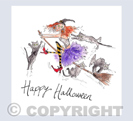 Witch on broom stick with cats - Happy Halloween
