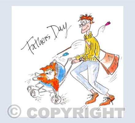 Man with ginger tom cat in pram - Fathers Day