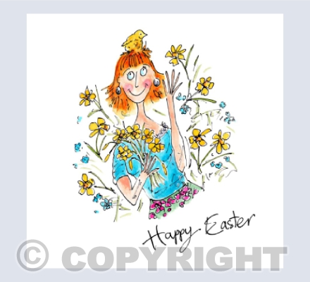 Lady, daffodils and Easter chick