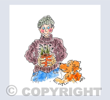Man with pot of snowdrops and dog
