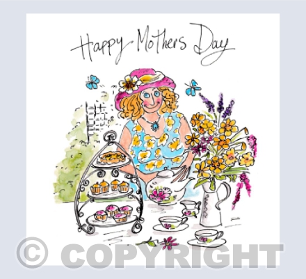 Lady with afternoon tea in garden - Happy Mothers Day