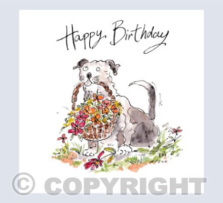 Puppy with flower basket - Happy Birthday