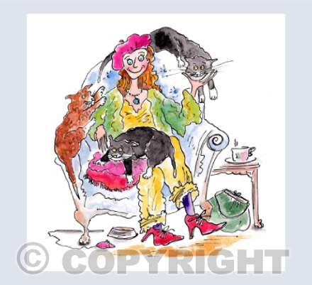 Lady sat in armchair with three cats - BLANK