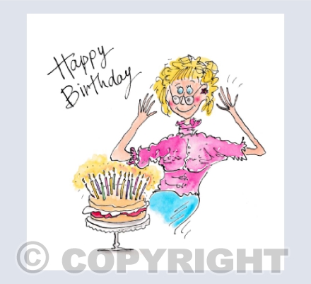 Lady looking at birthday cake - Happy Birthday