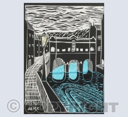 Pulteney Bridge blue lino