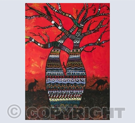 Boab tree at sunset with fireflies 